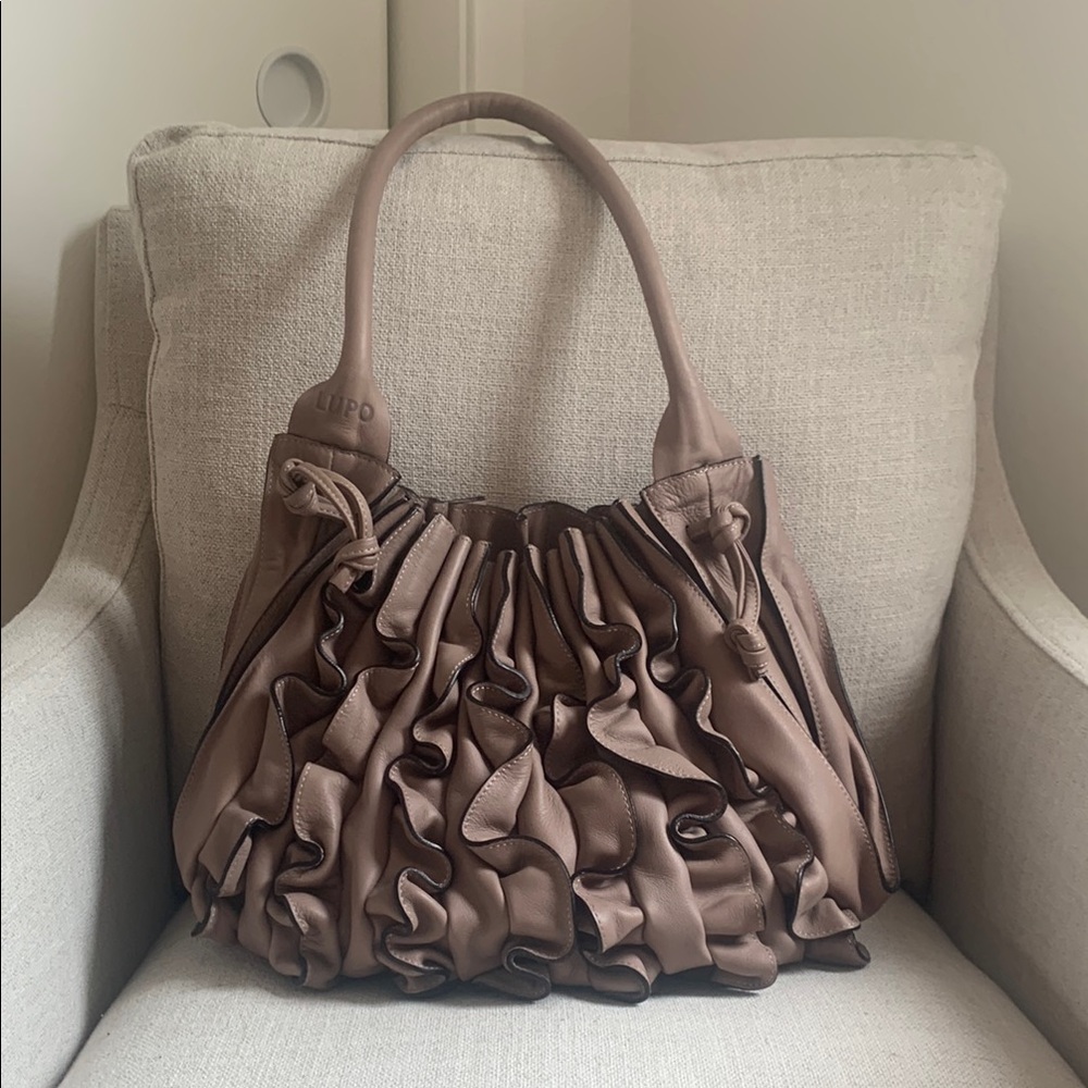 Taupe Pebbled Leather Shoulder Bag with Metallic Accents
